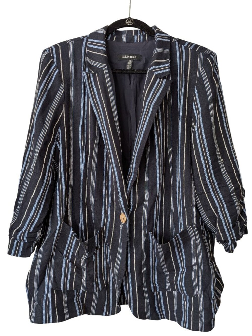 Ellen Tracy Striped Linen Blend Blazer Coastal Preppy XL